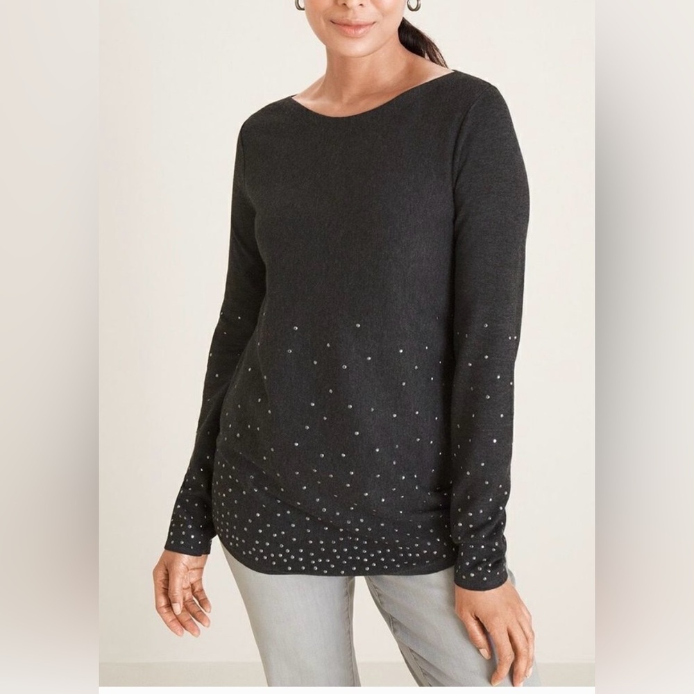 Chicos charcoal grey sweater 75%rayon 25% poly. Silver embellishments. SOFT!